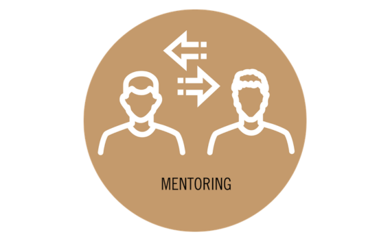 Mentoring graphic: Two figures interacting with arrows.