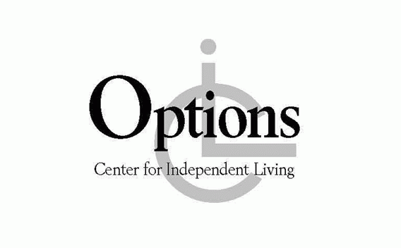 "Options Center for Independent Living" logo, text interwoven with a wheelchair symbol.