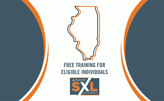Graphic: Orange-outlined Illinois, "FREE TRAINING FOR ELIGIBLE INDIVIDUALS", SXL logo.