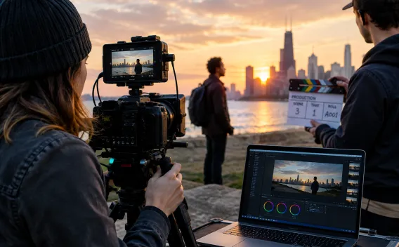 student film crew shooting skyline scene at sunset