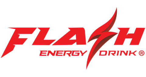 Logo: Flash Energy Drink, red text with a lightning bolt graphic.